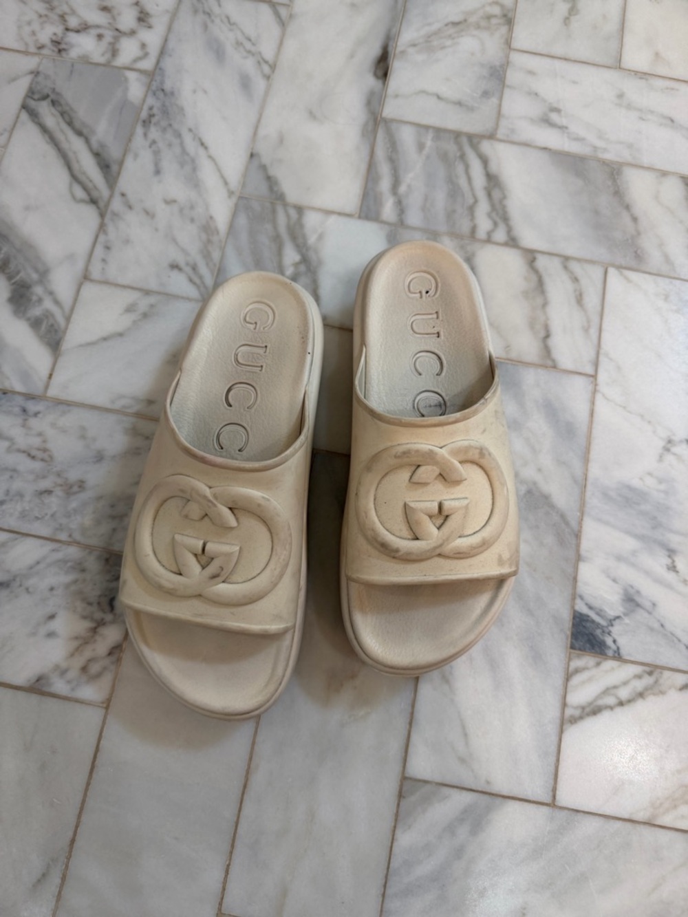 Gucci Cream Embossed Double G Slide Rubber Sandals